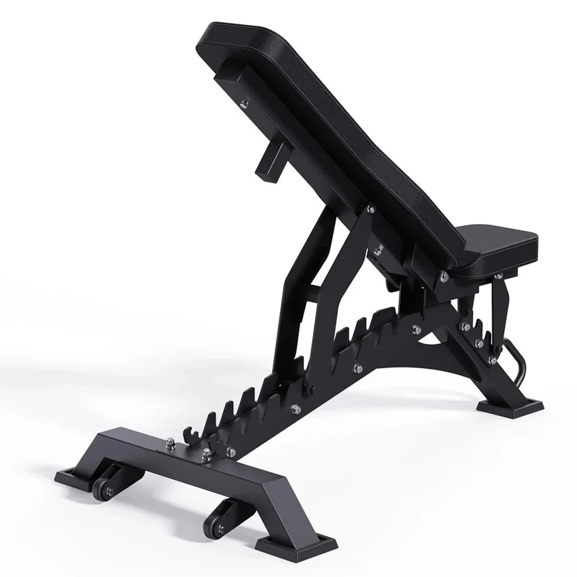 Black adjustable weight bench on a white background