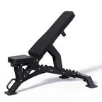 Black adjustable weight bench on a white background