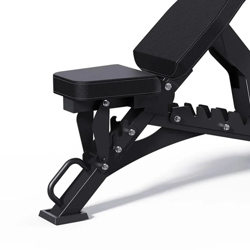 Black adjustable weight bench on a white background