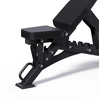 Black adjustable weight bench on a white background