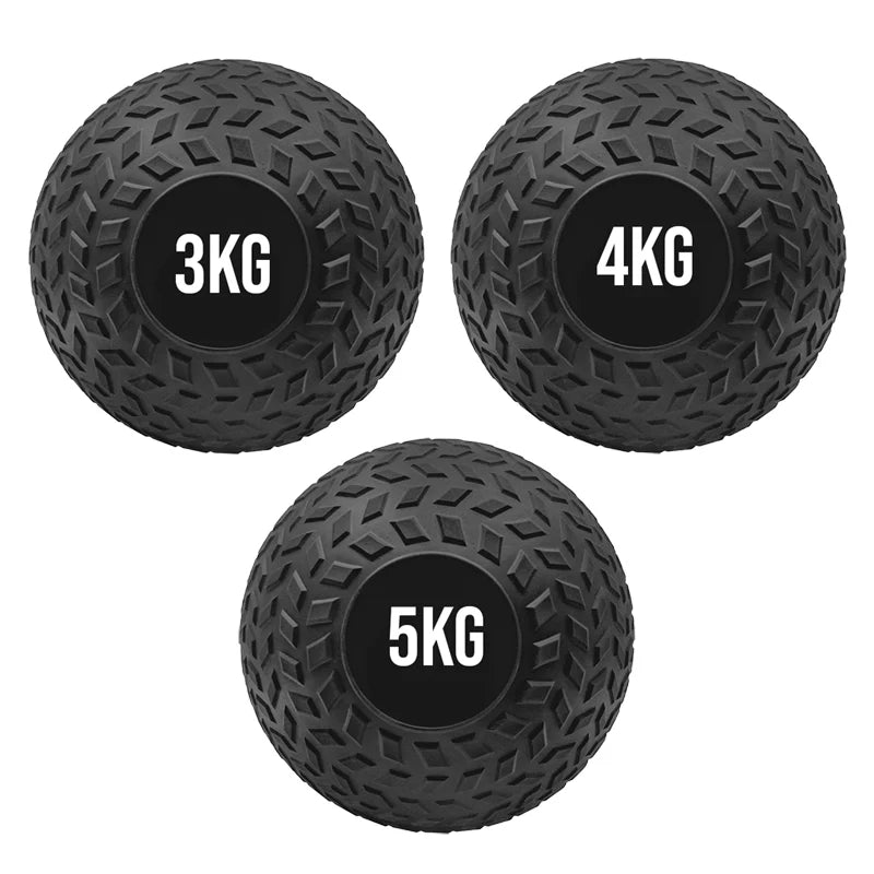 Three black textured exercise balls labeled with weight measurements on a white background.