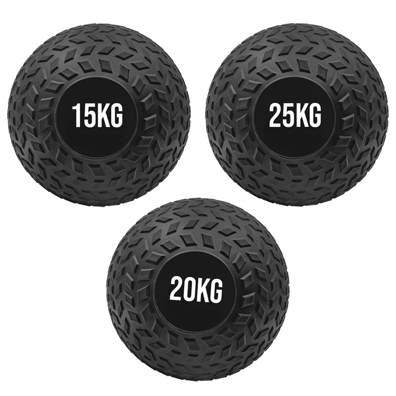 Three black textured exercise balls with weight labels on a white background