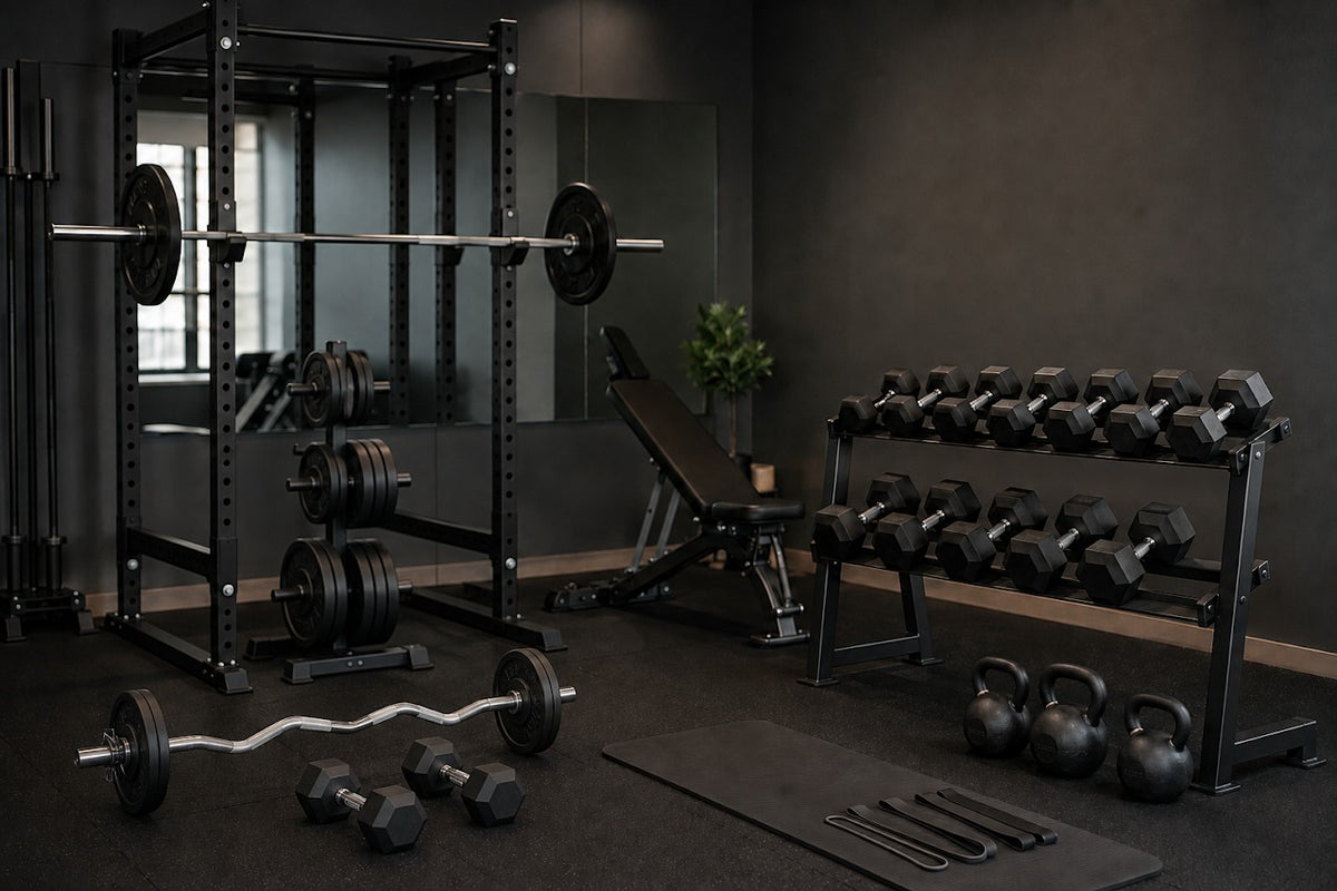 Gym with a power rack, barbell and dumbbell rack