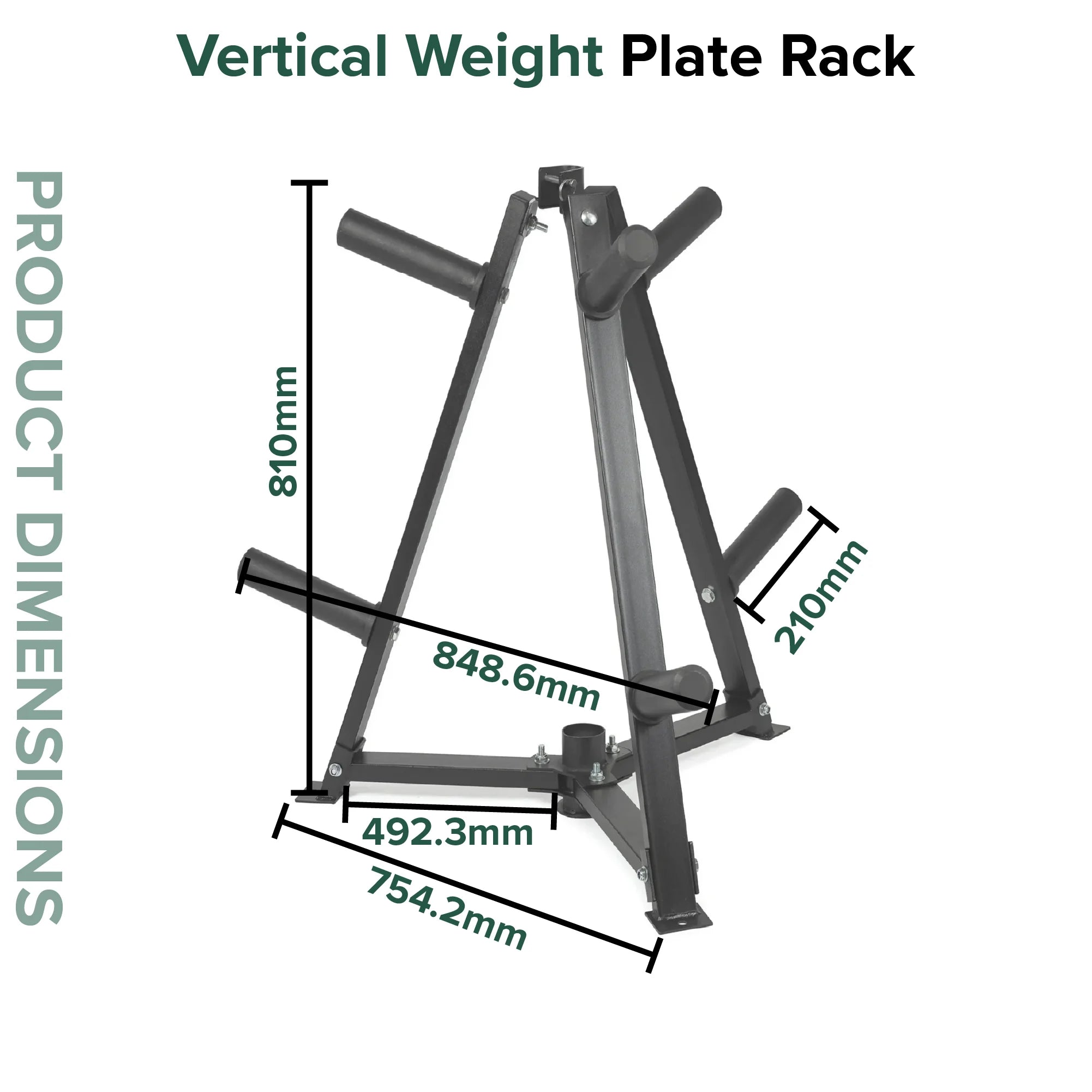 Vertical weight plate rack with dimensions labeled on a white background
