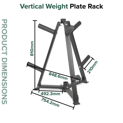 Vertical weight plate rack with dimensions labeled on a white background