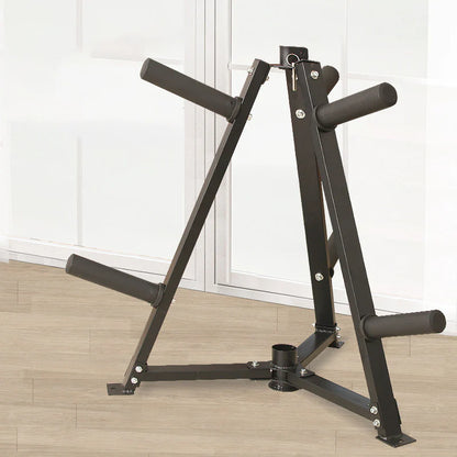 Black weight lifting bench on a wooden floor with white walls