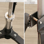 Close-up of a chair's metal support and mesh backrest on a wooden floor.
