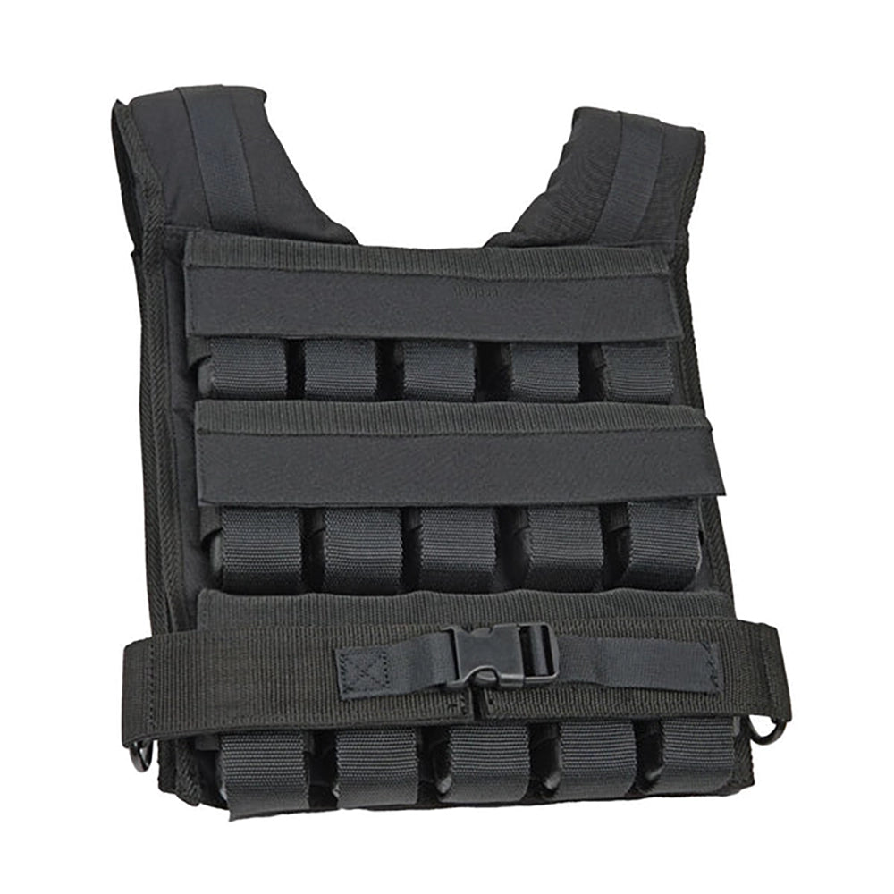 Black 30 kg adjustable weighted vest, front view, on a white background