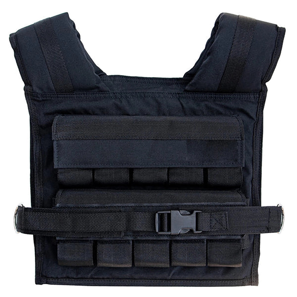 Black 30 kg adjustable weighted vest, back view, on a white background