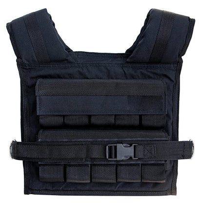 Black 30 kg adjustable weighted vest, back view, on a white background