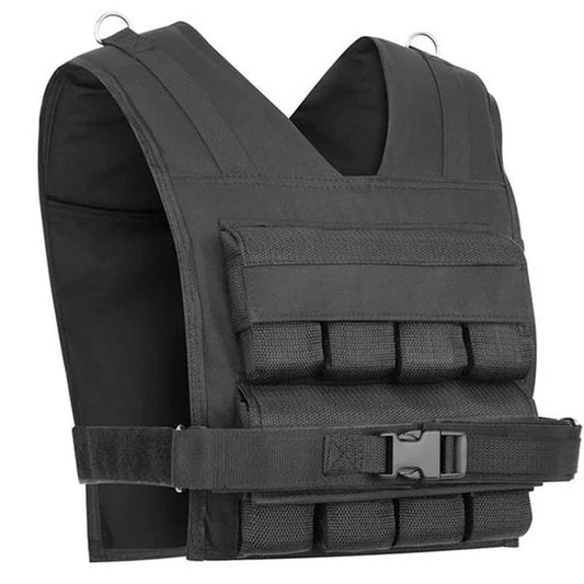 Black 30 kg adjustable weighted vest with weight pouches on a white background