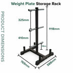 Weight plate storage rack with dimensions on a white background