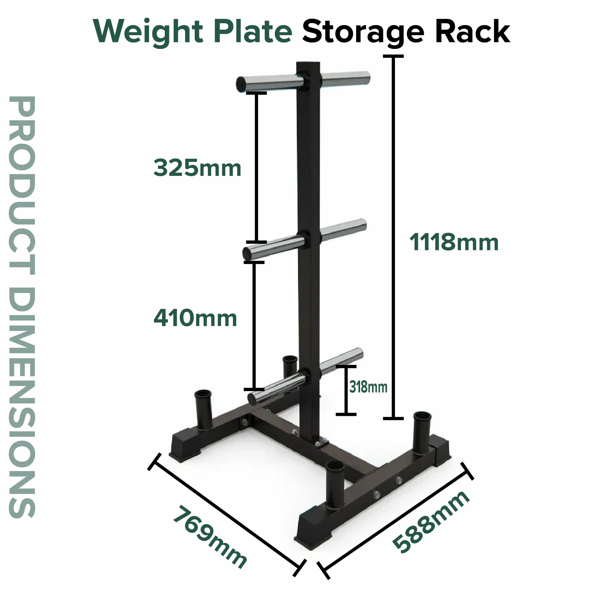 Weight plate storage rack with dimensions on a white background