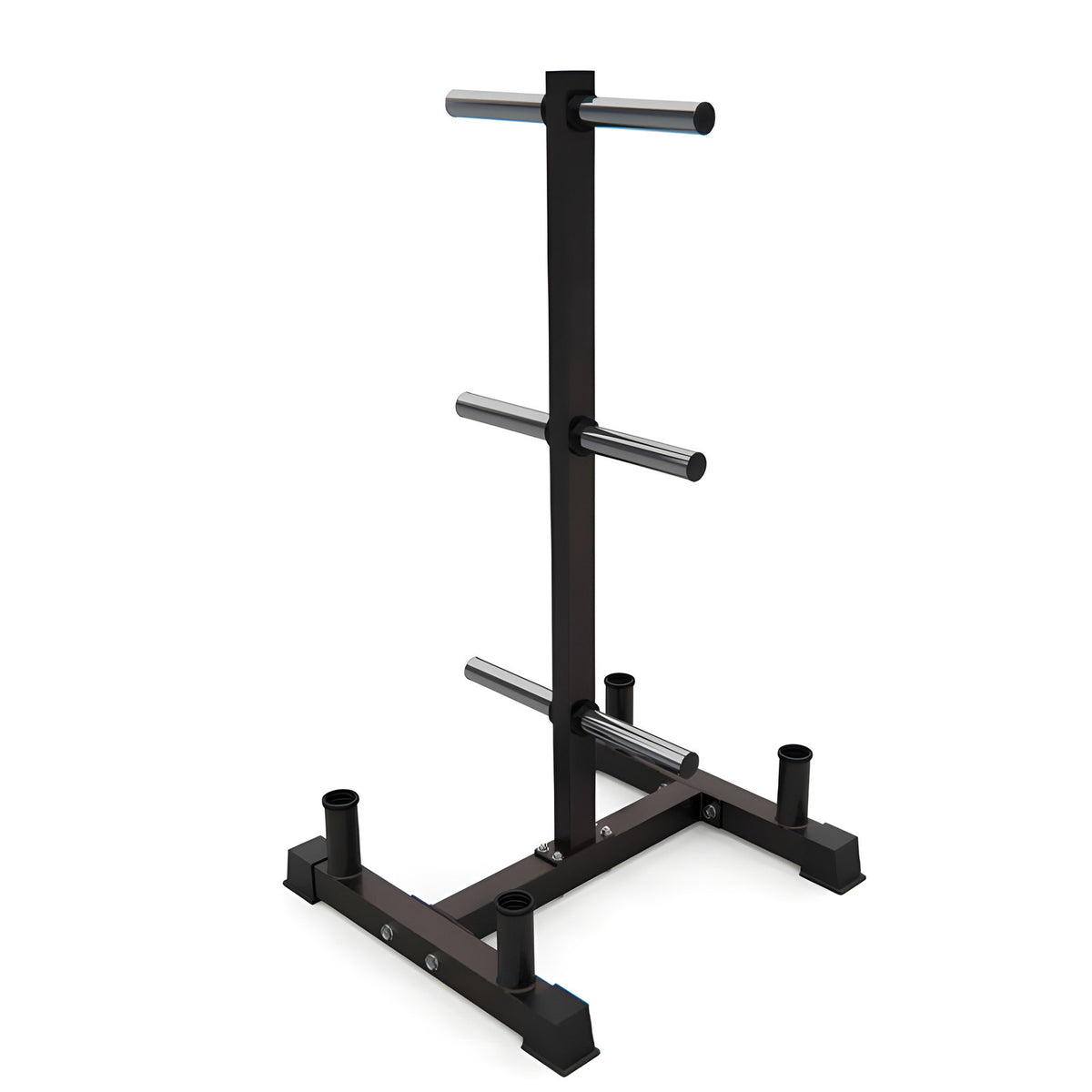 Black metal stand with cylindrical component on a white background