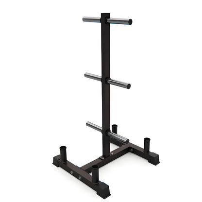 Black metal stand with cylindrical component on a white background