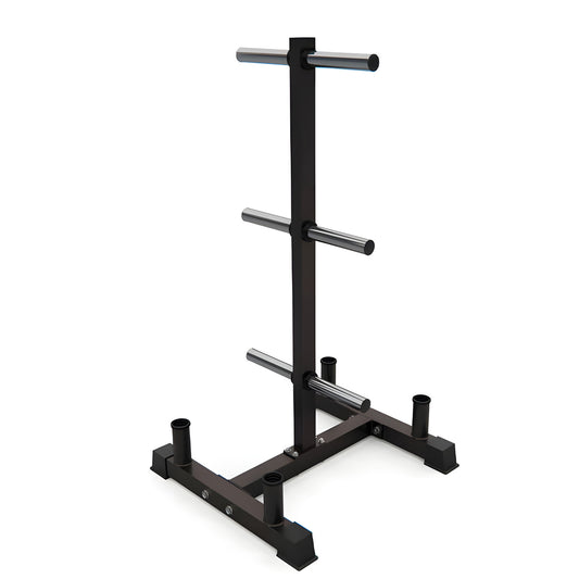 Black metal stand with cylindrical component on a white background