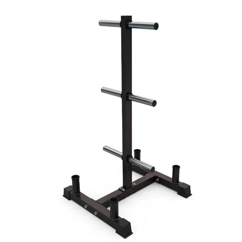 Black metal stand with cylindrical component on a white background