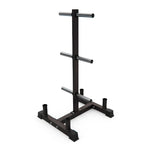 Black metal stand with cylindrical component on a white background