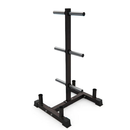 Black metal stand with cylindrical component on a white background