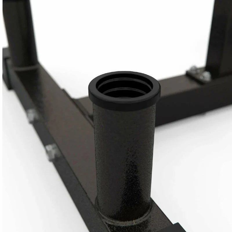 Black metal stand with cylindrical component on a white background