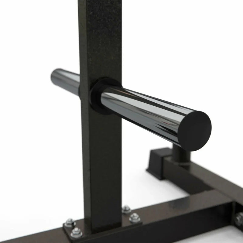 Black metal squat rack with chrome bar on a white background