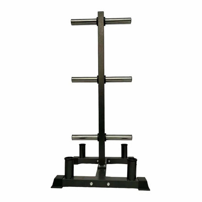 Black metal weightlifting stand with multiple barbell holders on a white background