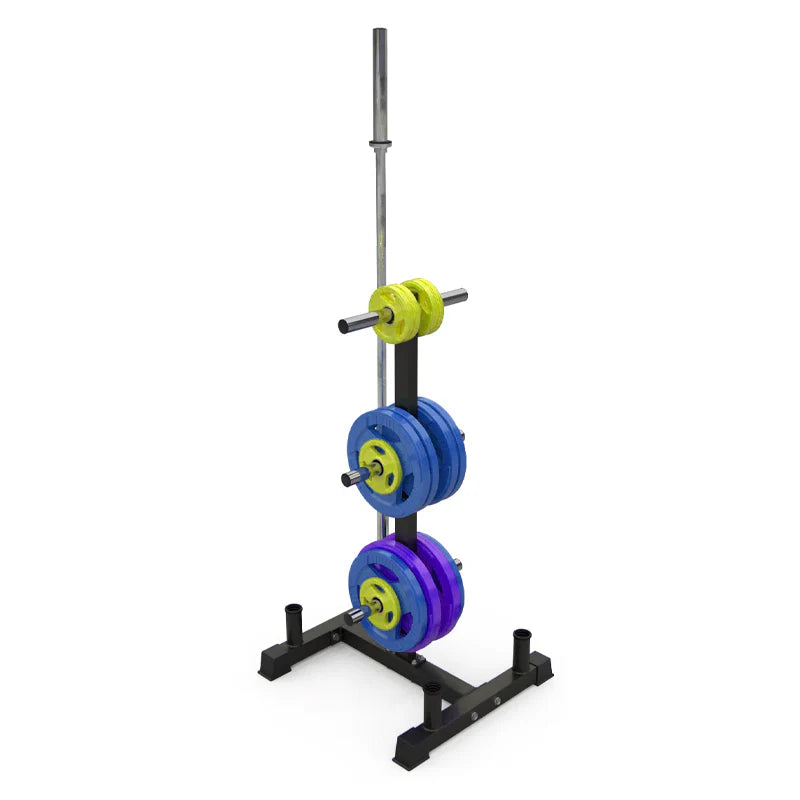 Weightlifting bar with blue and purple weight plates on a white background