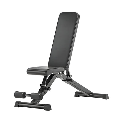 Black adjustable weight bench on a white background