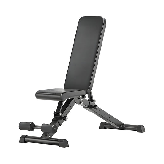 Black adjustable weight bench on a white background