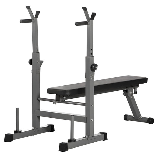 Weight bench with adjustable barbell stand on a white background