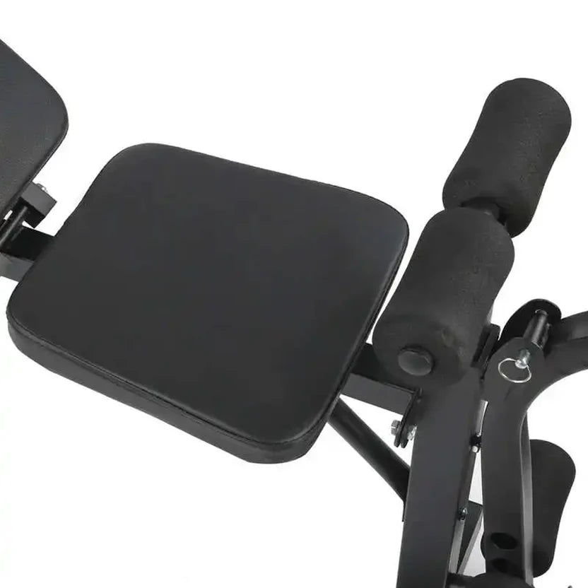 Black exercise device with seat and handles on a white background
