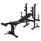 Black weight bench with adjustable components on a white background