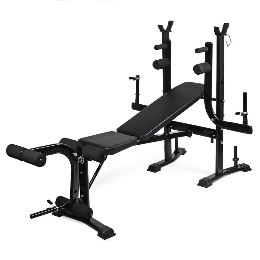 Black weight bench with adjustable components on a white background