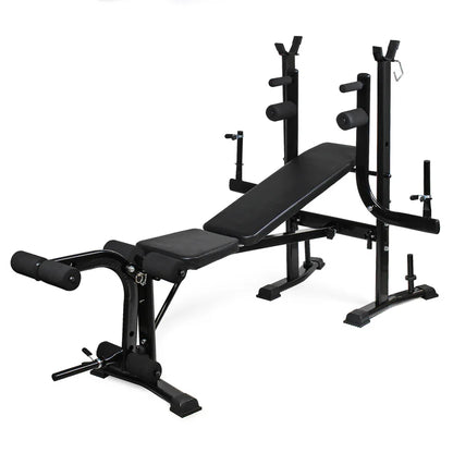 Black weight bench with adjustable components on a white background