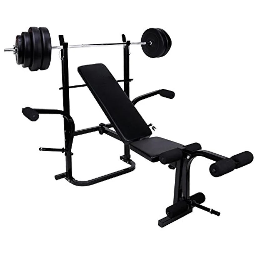 Black weight bench with weight plates on a white background