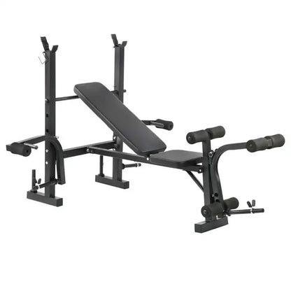 Black weight bench with adjustable components on a white background