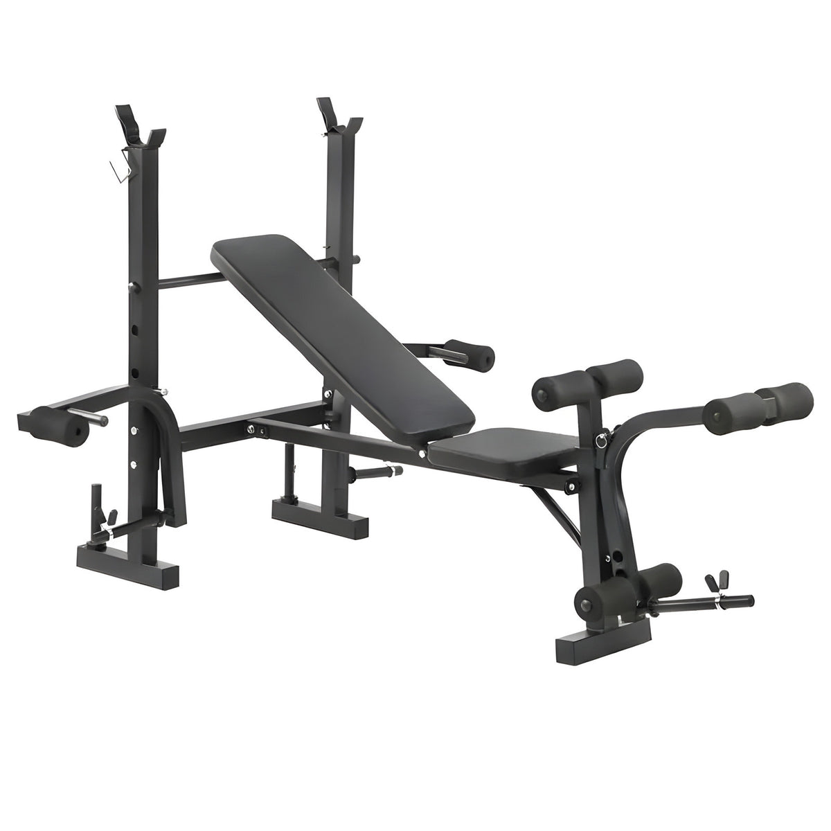 Black weight bench with adjustable components on a white background