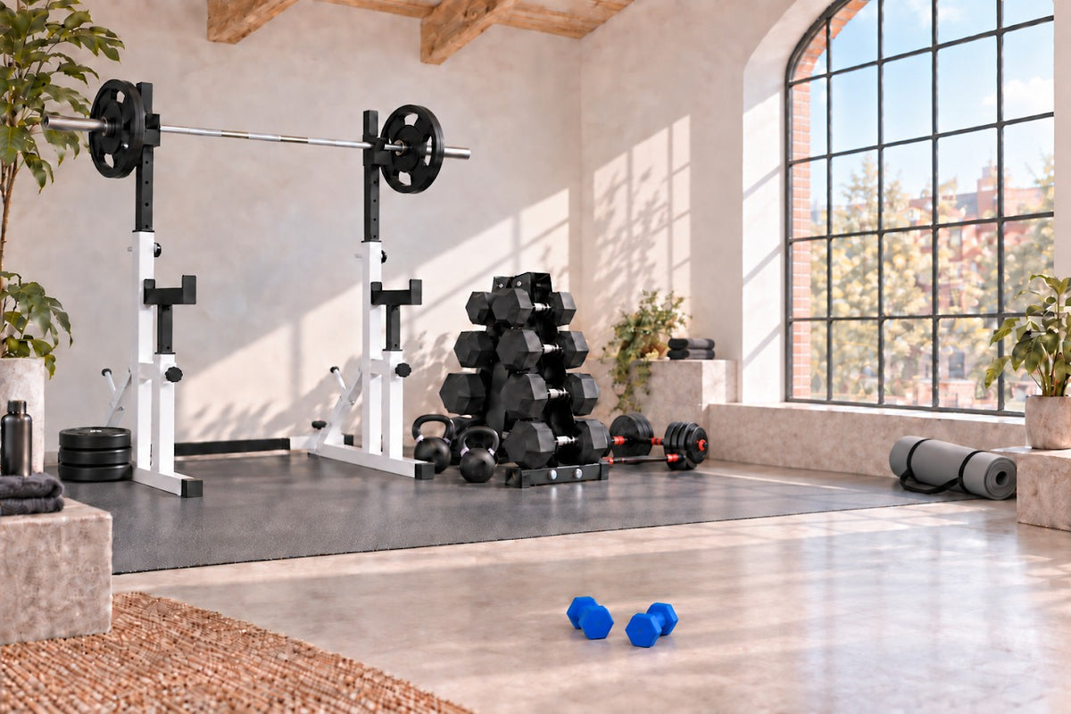Bright training studio with racks and dumbbells