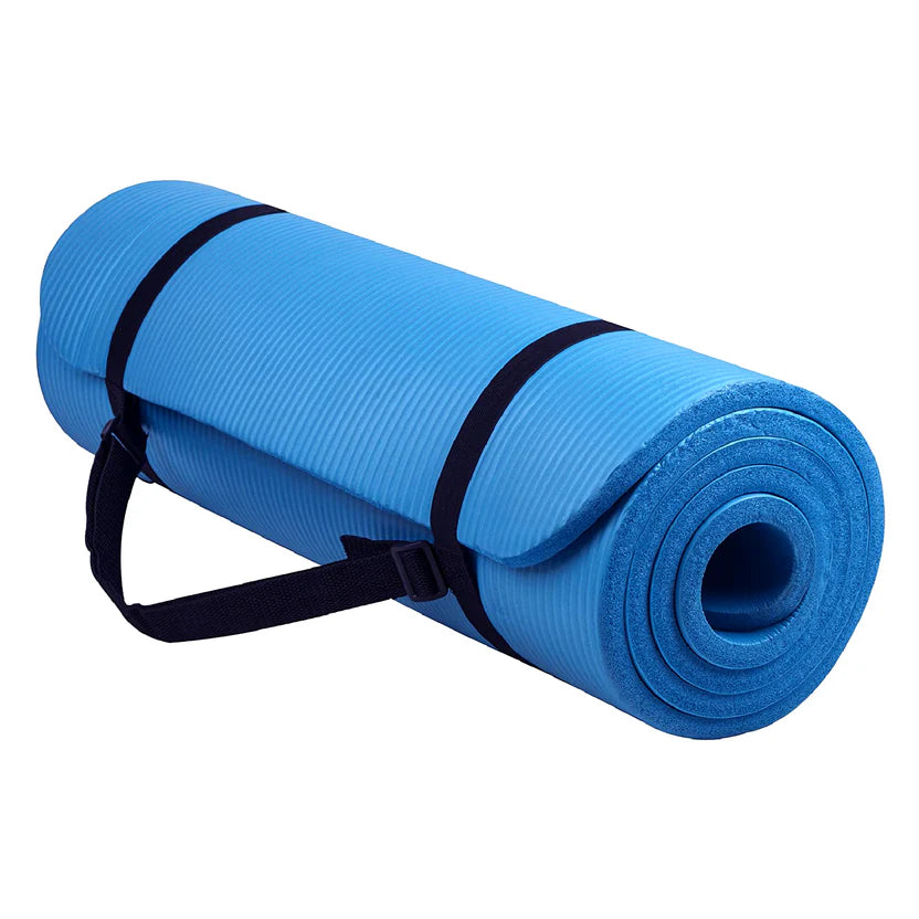 Blue yoga mat with black straps on a white background