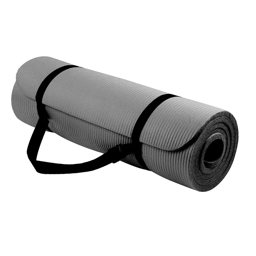 Gray yoga mat with black straps on a white background