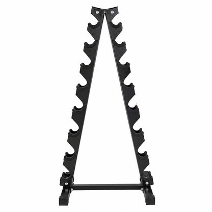 Black A-frame hex dumbbell tree rack, empty, front view, on a white background