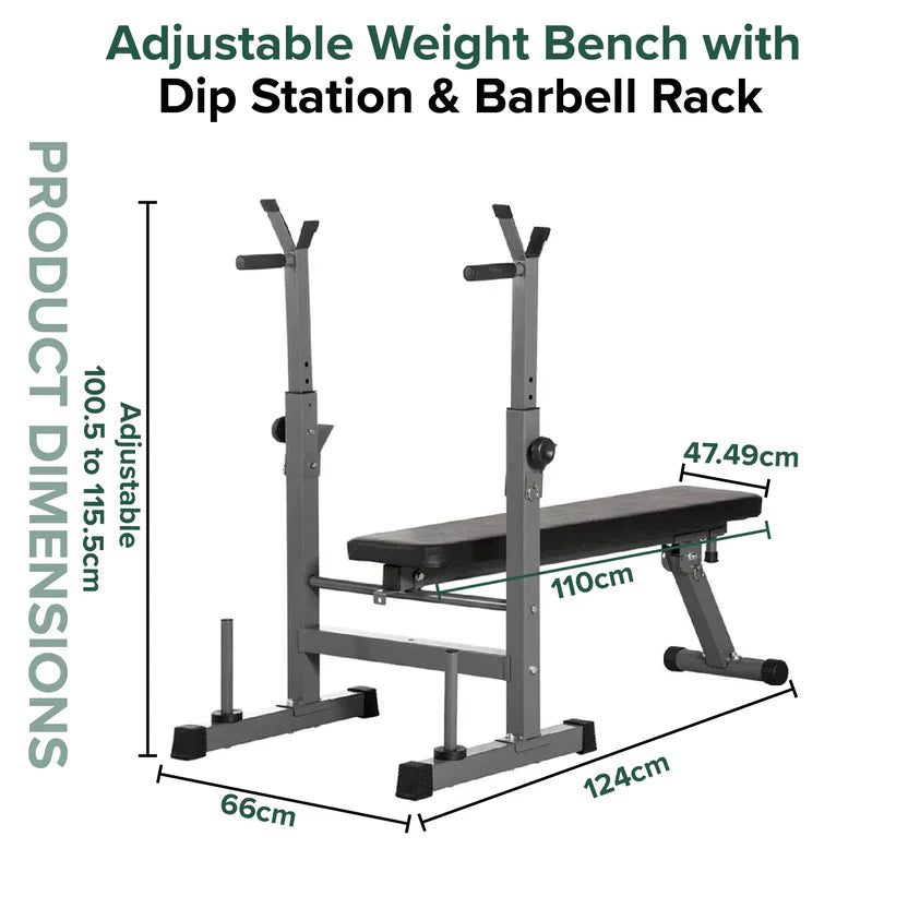 Adjustable weight bench with dip station and barbell rack dimensions on a white background