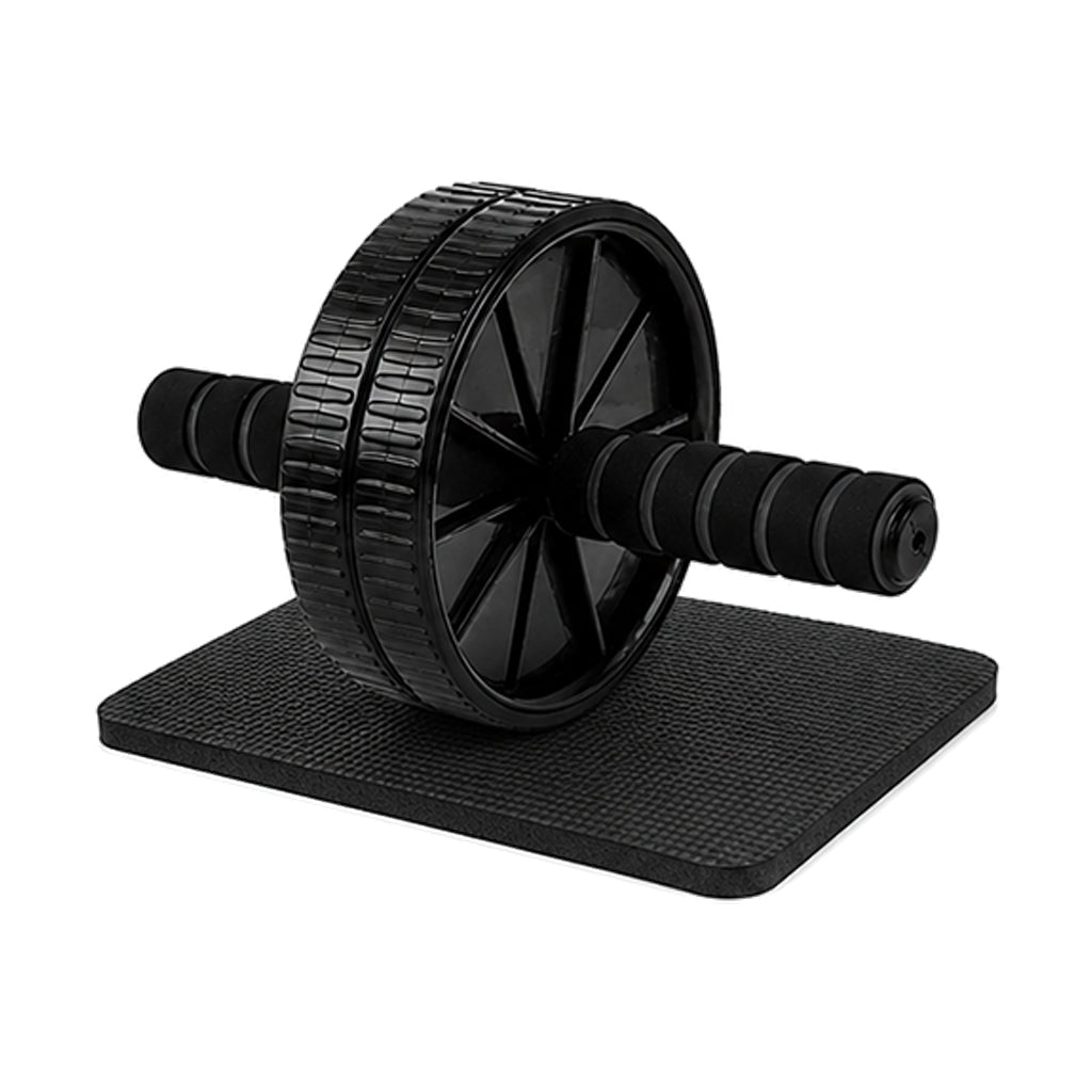 Dual-wheel ab roller, black, with foam handles on a black knee mat, on a white background