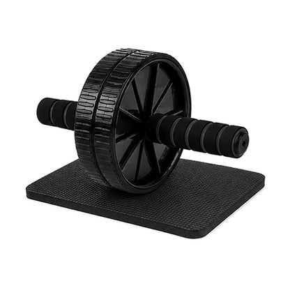 Dual-wheel ab roller, black, with foam handles on a black knee mat, on a white background