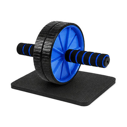 Dual-wheel ab roller, blue, with foam handles on a black knee mat, on a white background