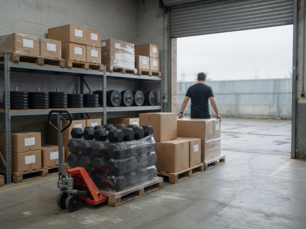 Lift Sets warehouse with pallets of gym equipment ready for dispatch