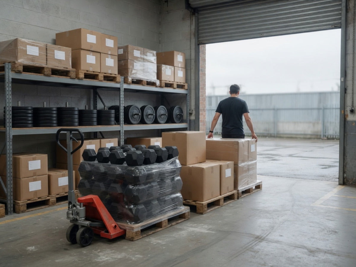 Lift Sets warehouse with pallets of gym equipment ready for dispatch