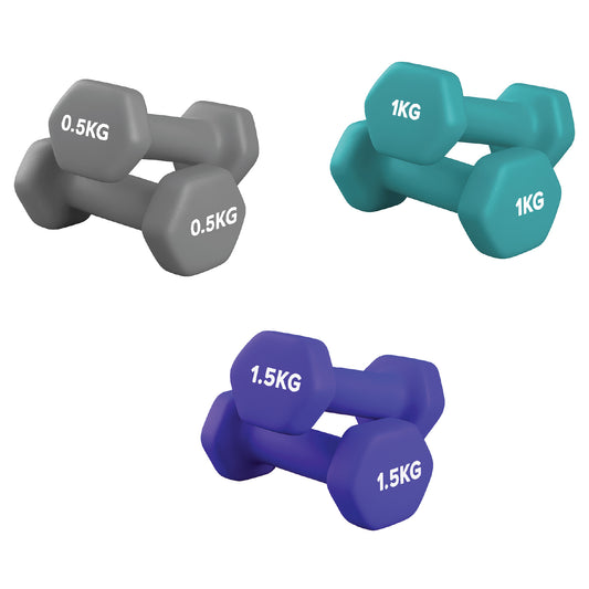Set of neoprene and vinyl dumbbells in assorted colours on a white background