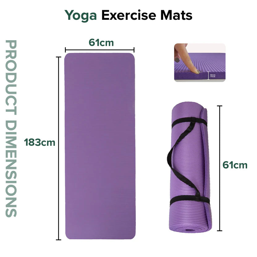 Purple yoga exercise mat with dimensions and a rolled-up version on a white background