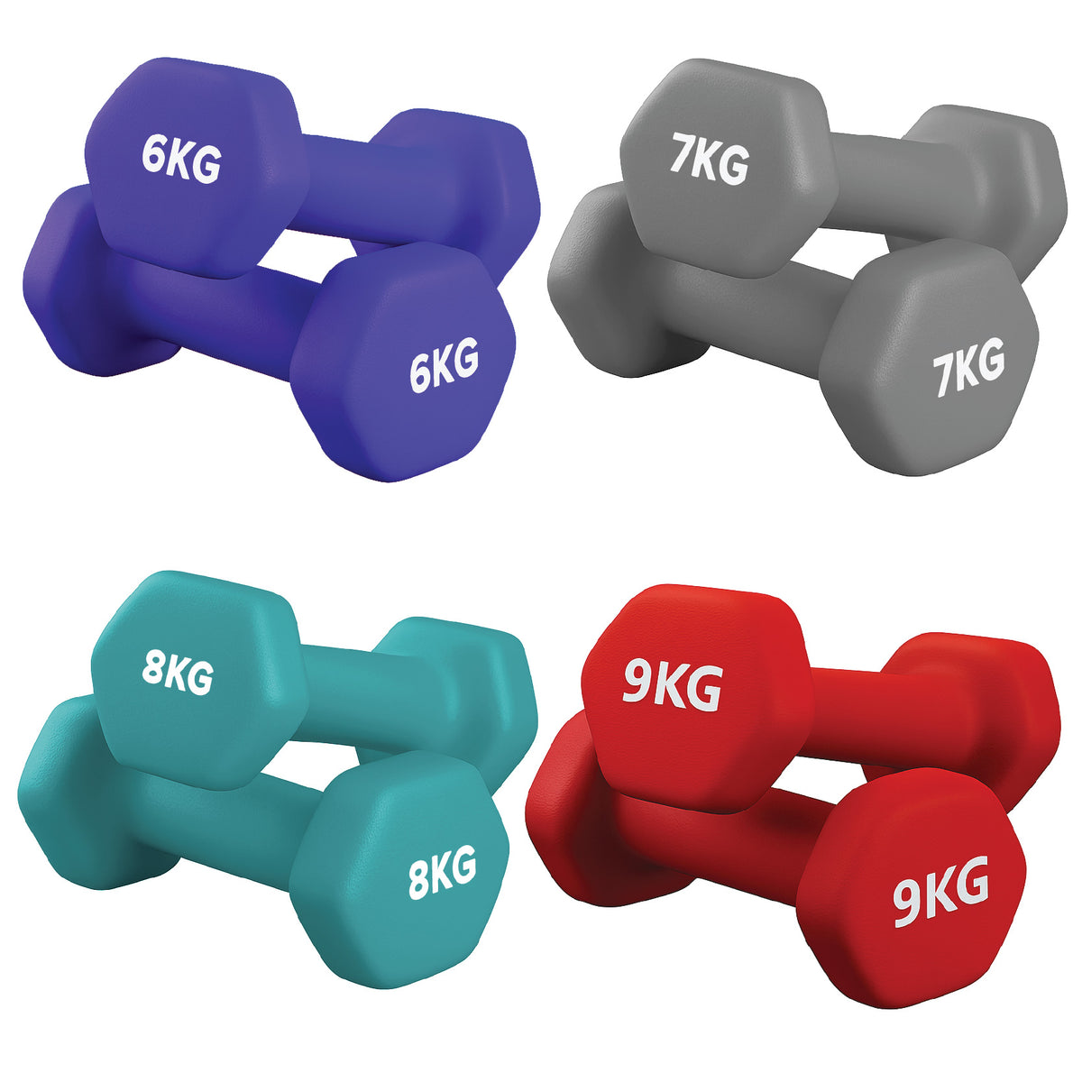 Neoprene hex dumbbell set of four pairs: 6 kg purple, 7 kg grey, 8 kg teal and 9 kg red, on a white background